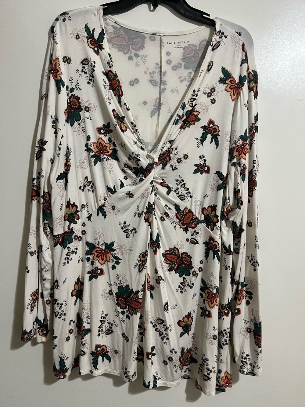 Lane Bryant white/ Cream Floral Twist-Front Long Sleeve